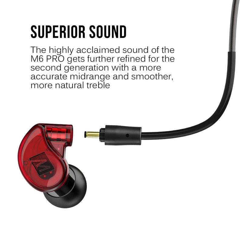 MEE audio M6 PRO In Ear Monitor Headphones for Musicians, 2nd Gen Model With Upgraded Sound, Memory Wire Earhooks & Replaceable Cables, Noise Isolating Professional Earbuds, 2 Cords Included (Red) - Image 3